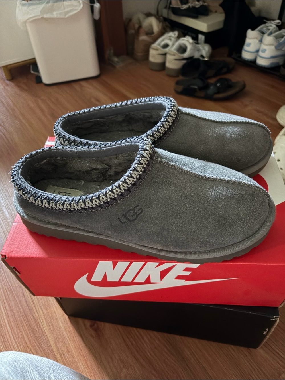 UGG Kids Grey Slip-On Suede Clogs with Knit Trim